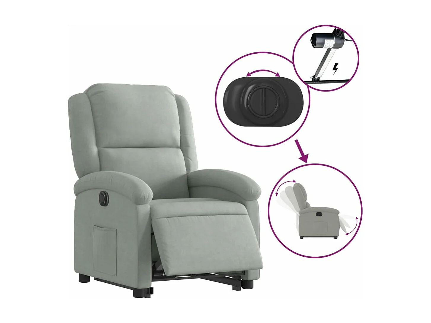 Fauteuil inclinable électrique gris clair velours REO70152