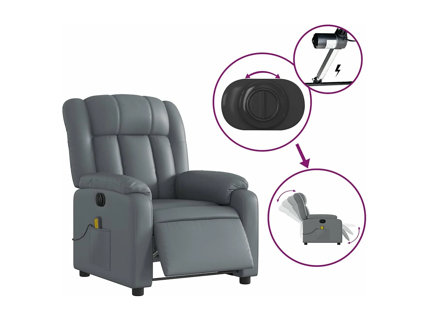 Fauteuil de massage inclinable électrique gris similicuir REO13018