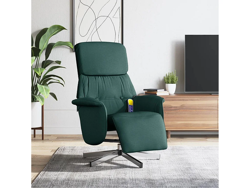 Fauteuil inclinable de massage et repose-pieds vert foncé tissu REO22313