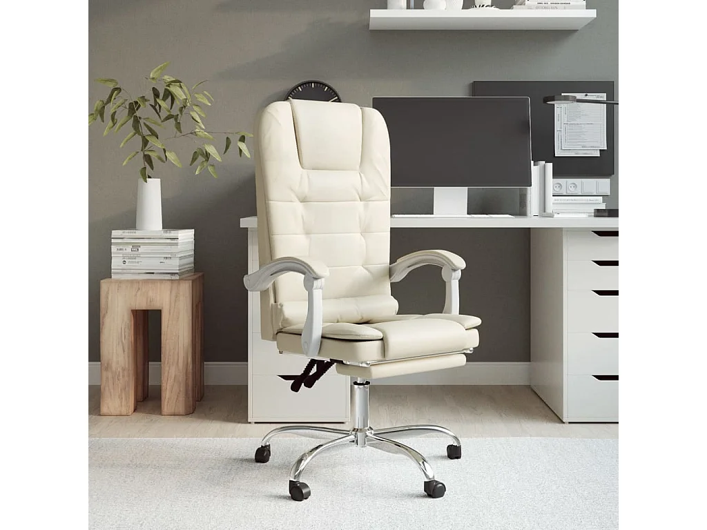 Silla de oficina reclinable masaje cuero sintético color crema ES666071