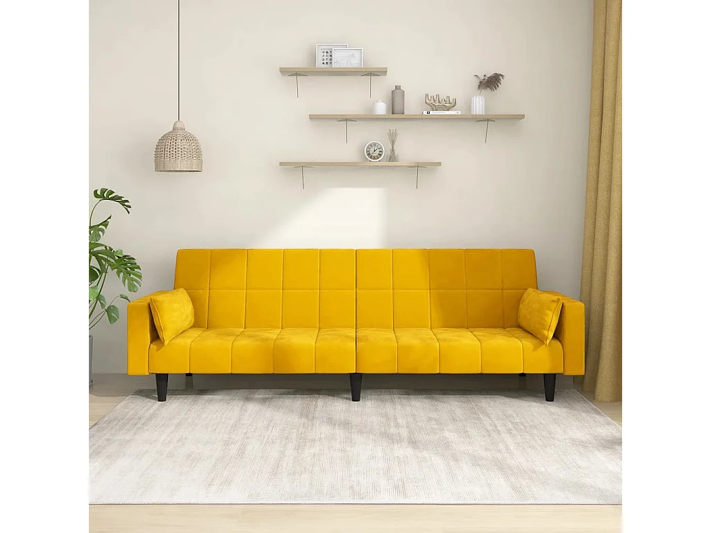 Canapé convertible à 2 places avec deux oreillers Jaune Velours REO50535