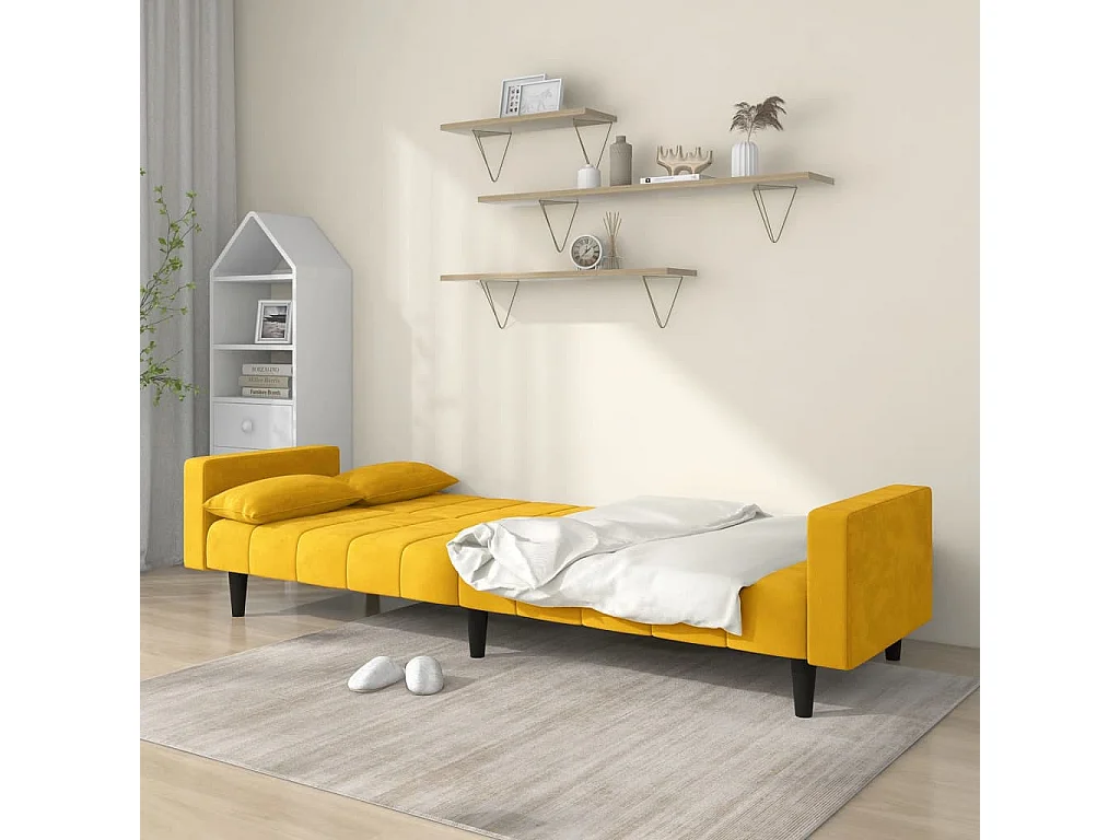 Canapé convertible à 2 places avec deux oreillers Jaune Velours REO50535
