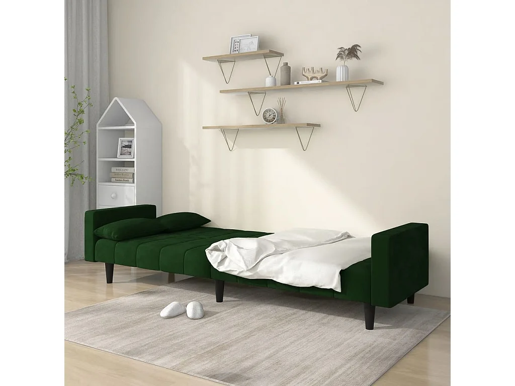 Sofá-cama 2 lugares com duas almofadas veludo verde-escuro PT110700