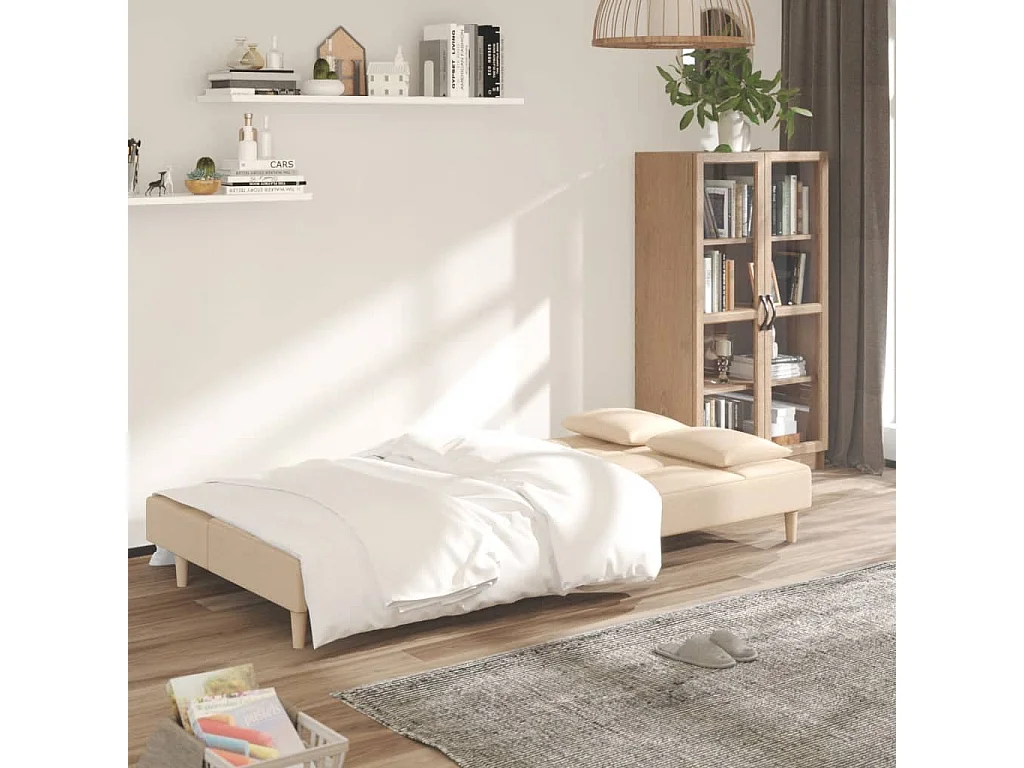 Canapé convertible à 2 places avec deux oreillers crème tissu REO13366