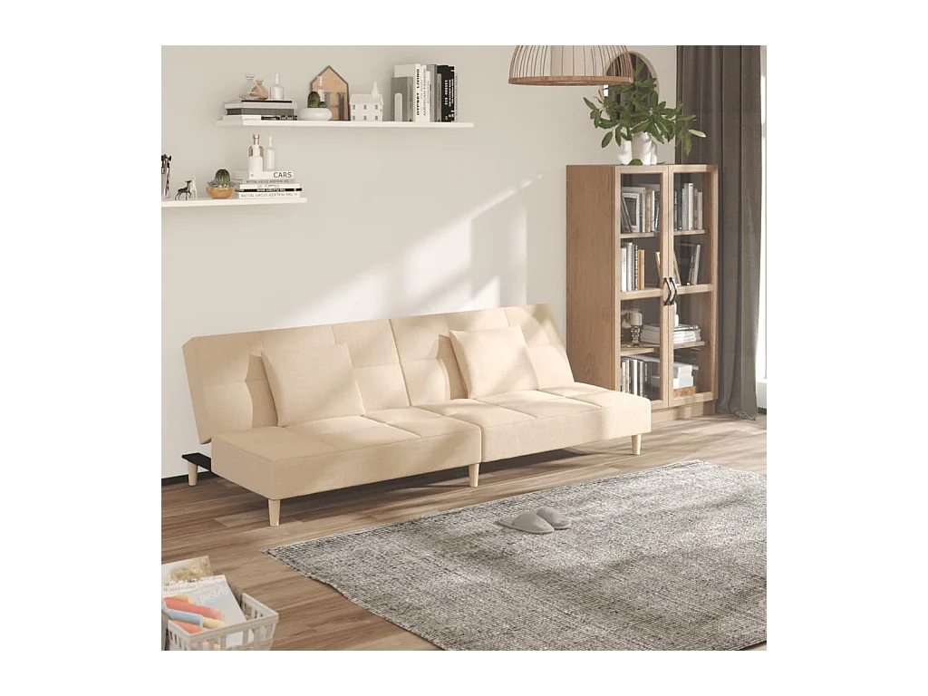 Canapé convertible à 2 places avec deux oreillers crème tissu REO13366