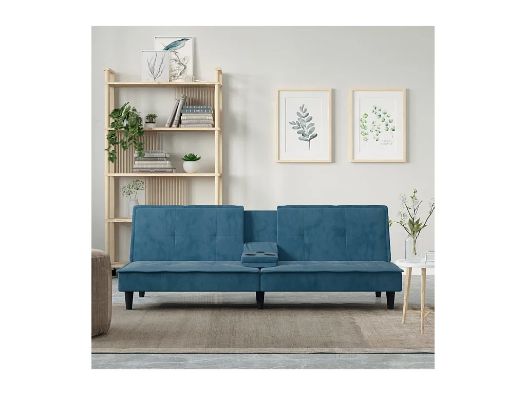 Sofá cama con portavasos terciopelo azul PWFG60310