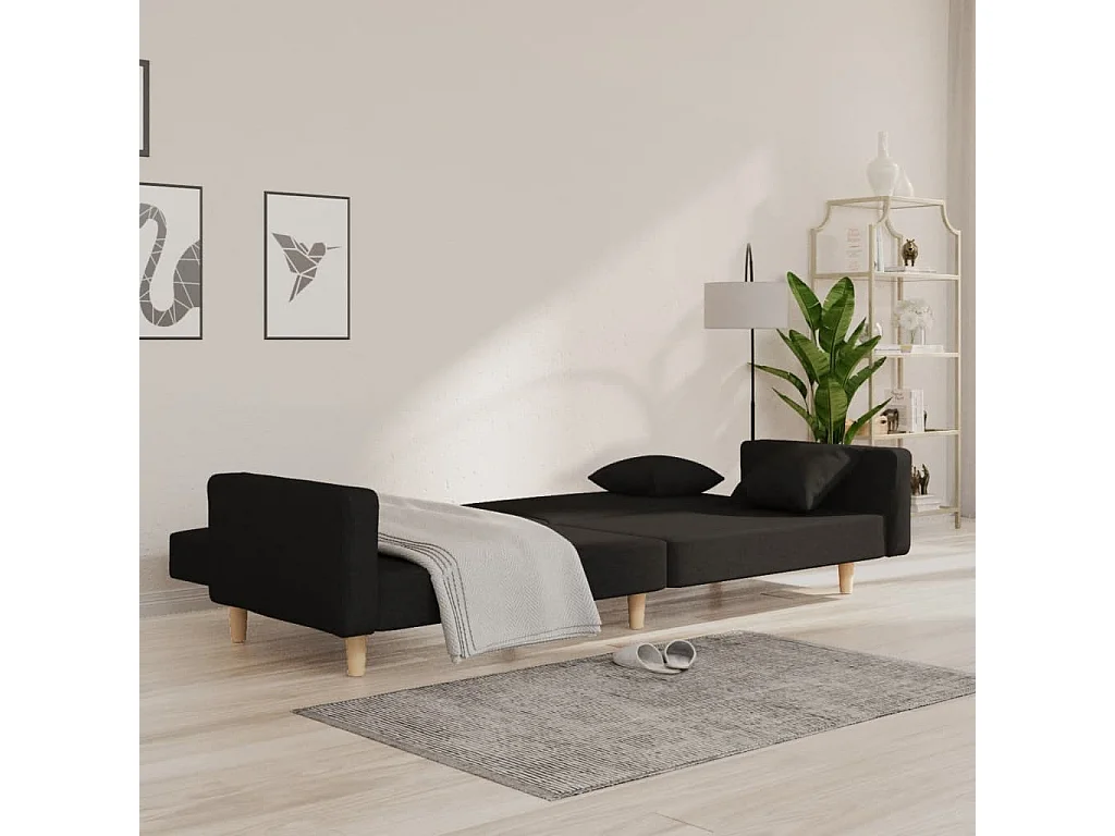 Canapé convertible à 2 places avec deux oreillers noir tissu REO60976