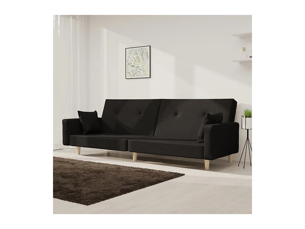 Canapé convertible à 2 places avec deux oreillers noir tissu REO60976