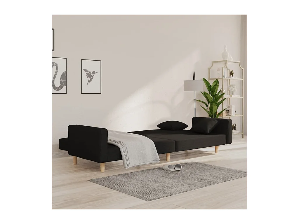 Canapé convertible à 2 places avec deux oreillers noir tissu REO60976