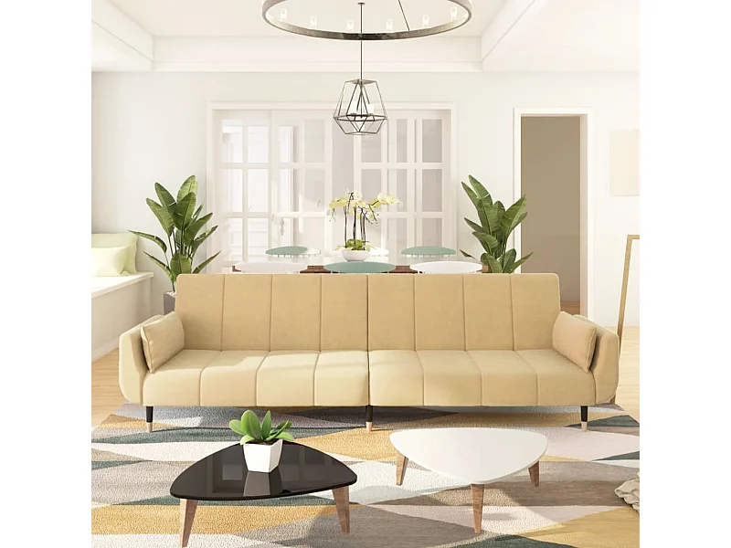Sofá-cama 2 lugares com duas almofadas veludo cor creme PT281171