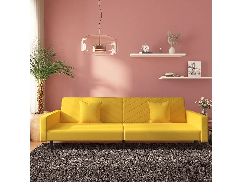 Sofá-cama 2 lugares com duas almofadas veludo amarelo PT447570