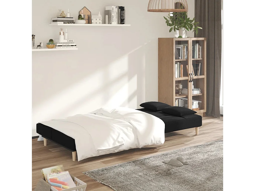 Canapé convertible à 2 places avec deux oreillers noir tissu REO33610