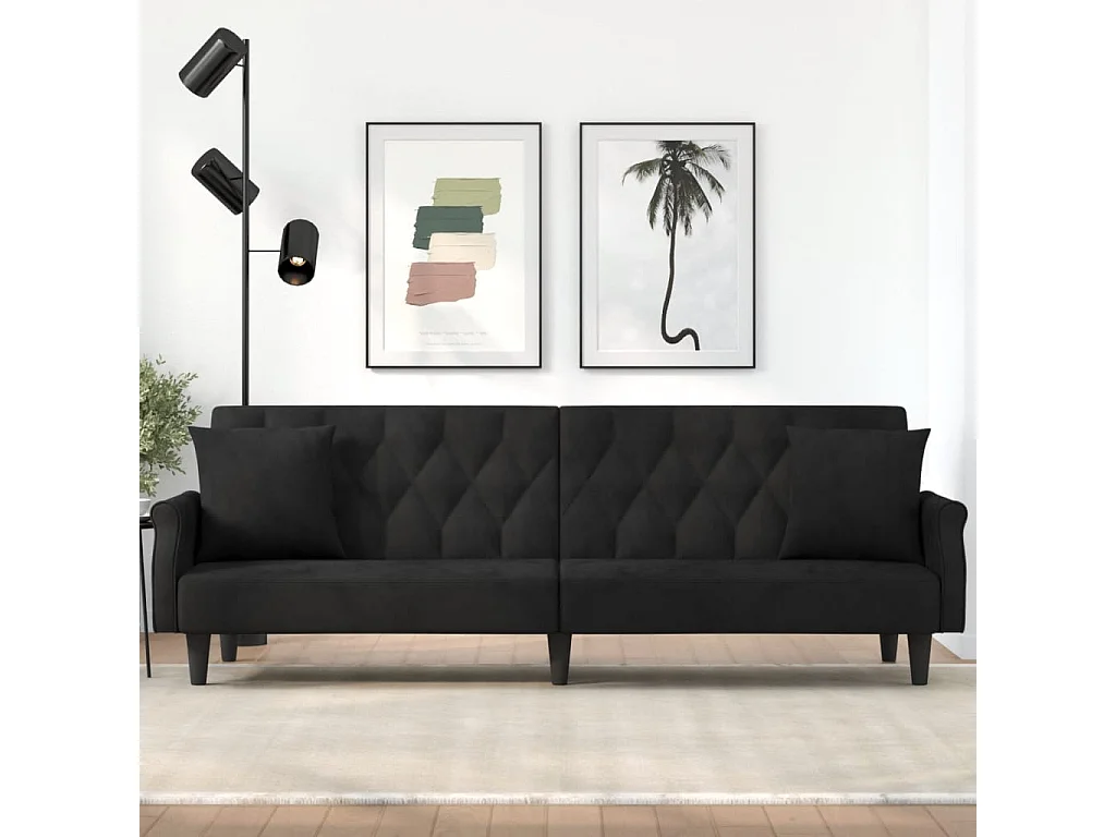 Sofá-cama com apoio de braços veludo preto PT188756