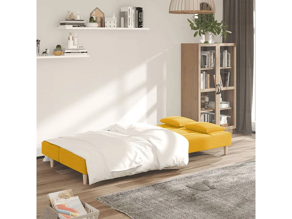 Canapé convertible à 2 places avec deux oreillers jaune tissu REO31695