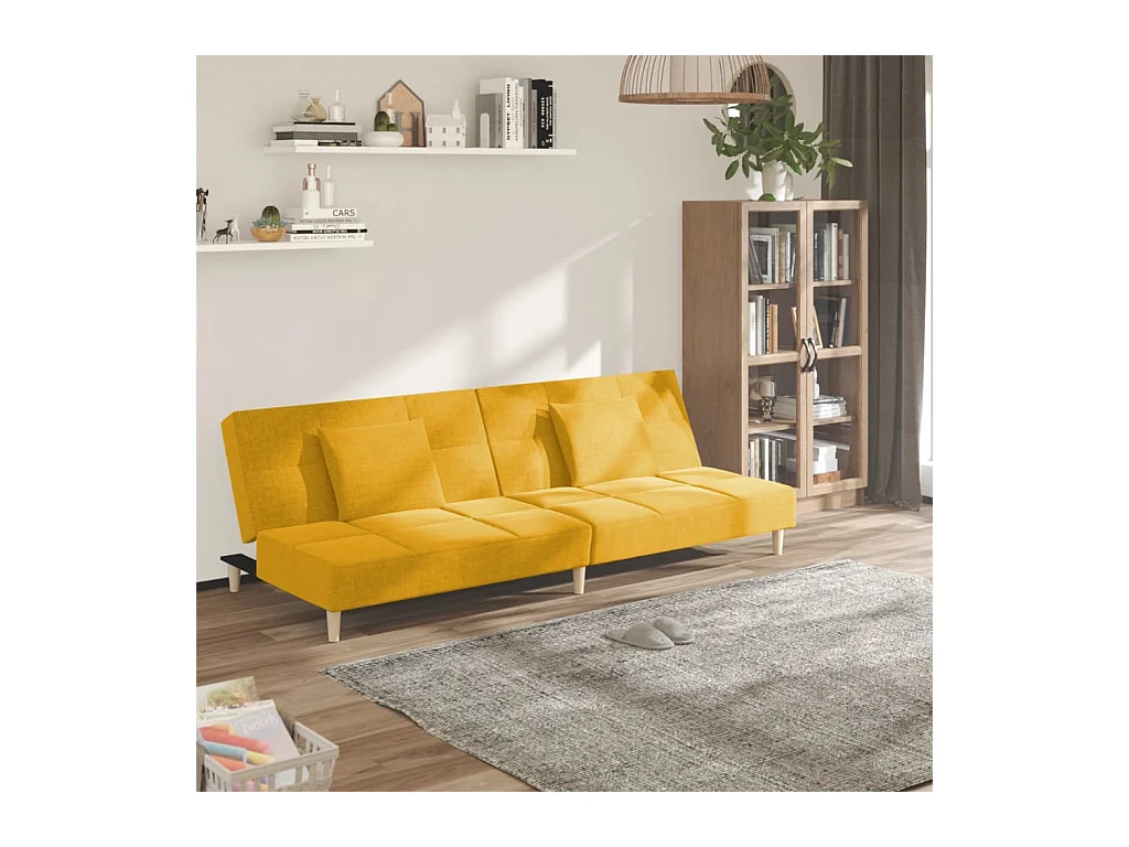 Canapé convertible à 2 places avec deux oreillers jaune tissu REO31695