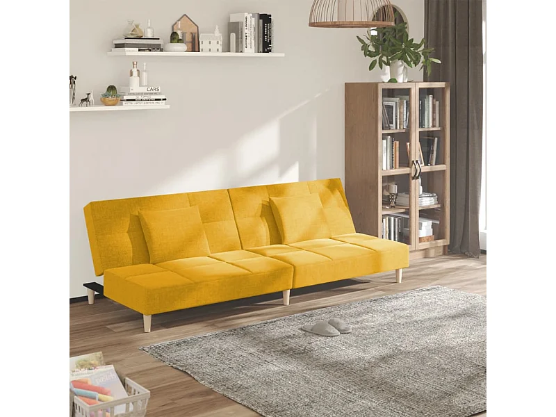 Canapé convertible à 2 places avec deux oreillers jaune tissu REO31695