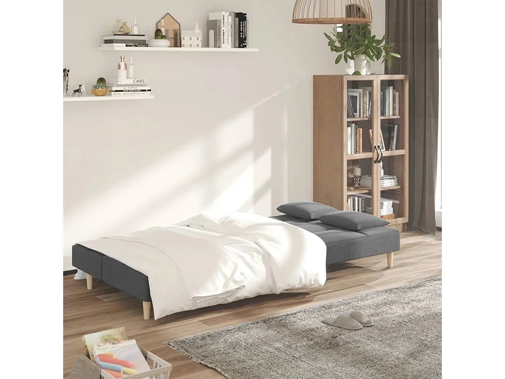 Canapé convertible à 2 places avec deux oreillers gris clair tissu REO35506