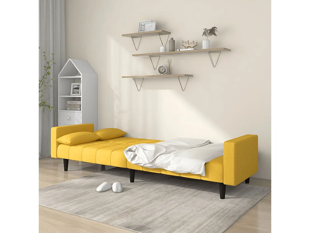 Canapé convertible à 2 places avec deux oreillers jaune tissu REO42775