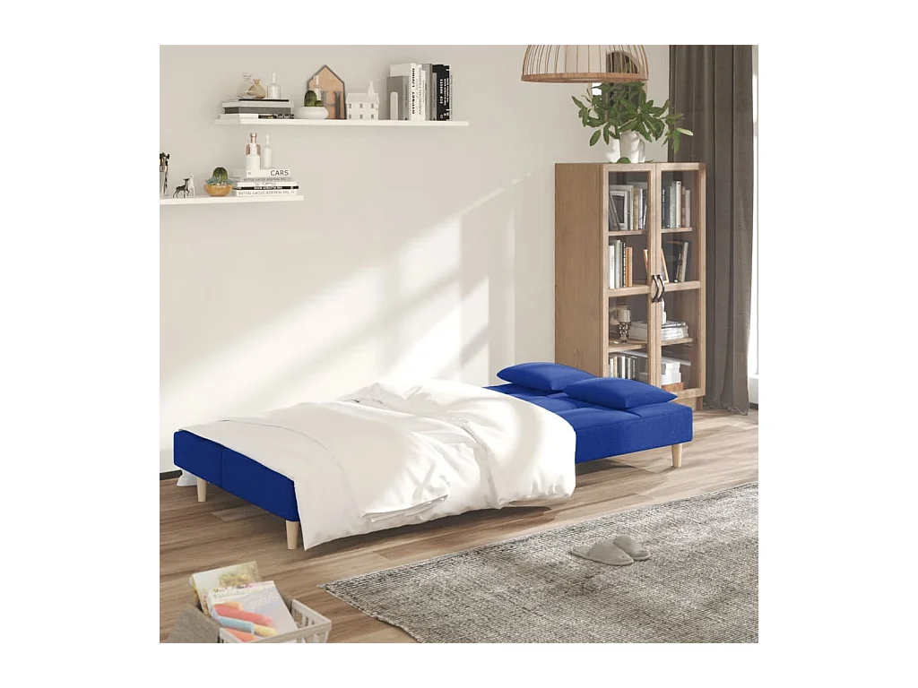 Canapé convertible à 2 places avec deux oreillers bleu tissu REO13081