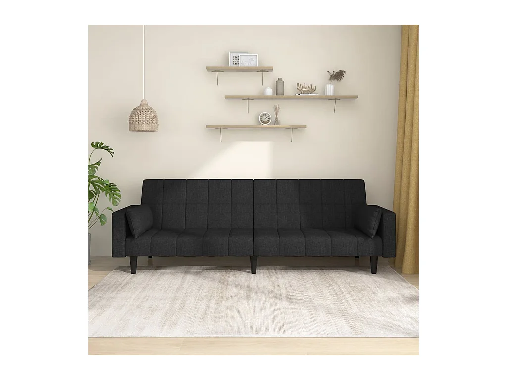 Canapé convertible à 2 places avec deux oreillers noir tissu REO53338