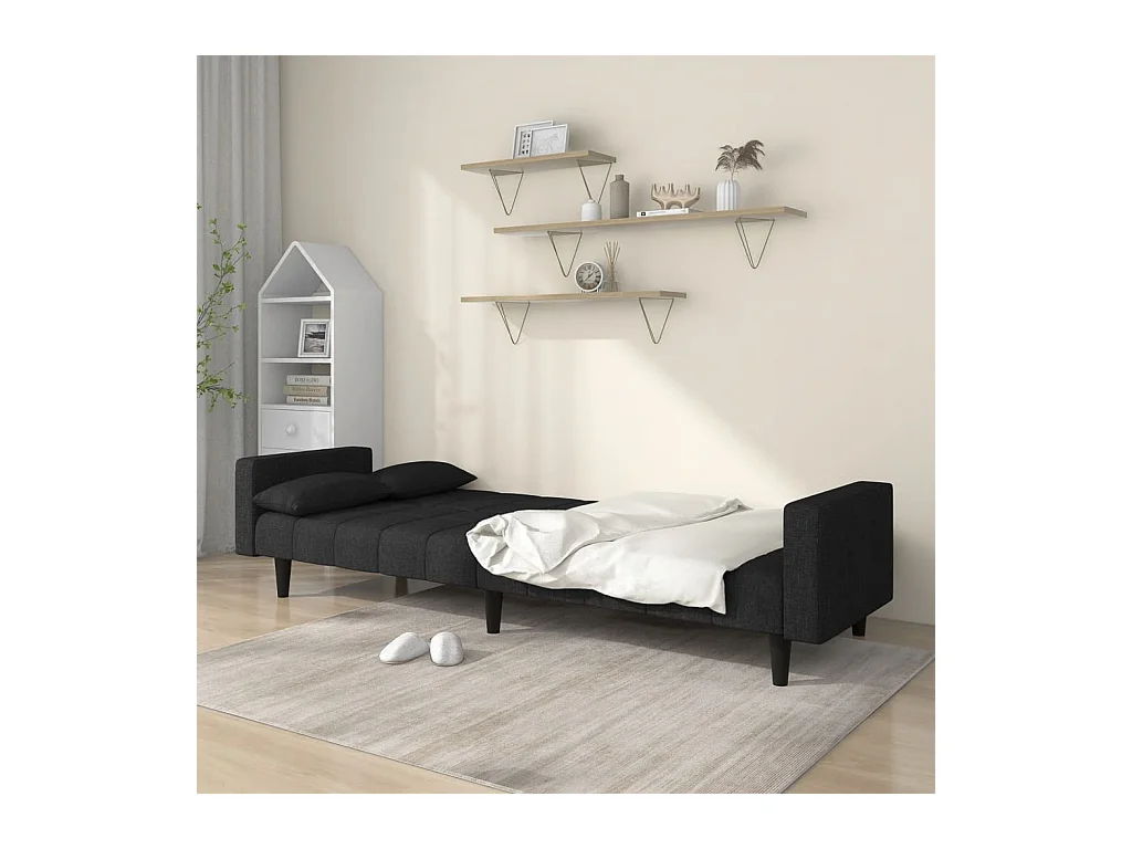 Canapé convertible à 2 places avec deux oreillers noir tissu REO53338
