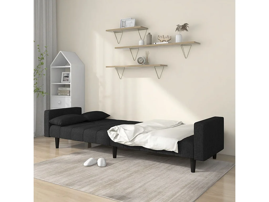 Canapé convertible à 2 places avec deux oreillers noir tissu REO53338