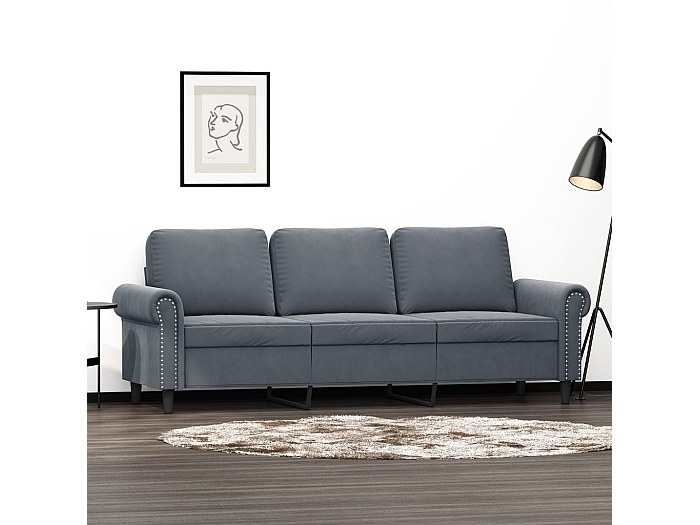 Canapé 3 Places Gris Foncé 180 Cm En Velours — Confort Rembourré — Accoudoirs Larges, Cadre Bois/métal