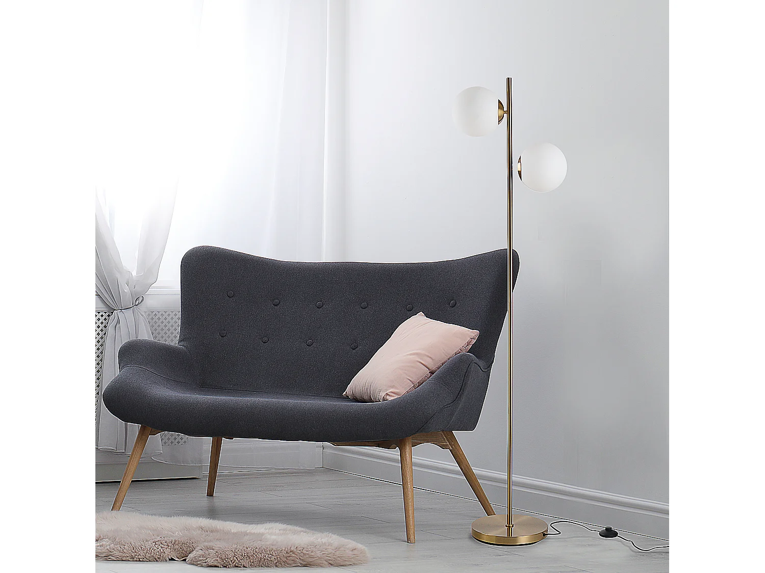 Lampadaire design néo-rétro 2 boules max. 40 W métal doré