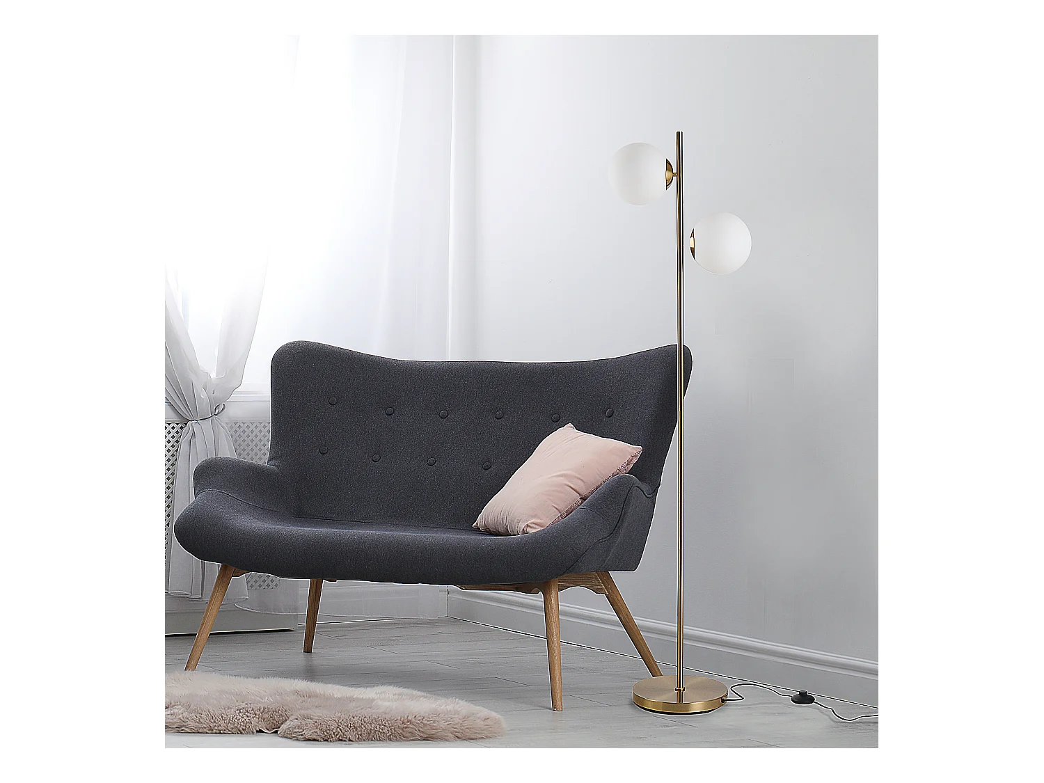 Lampadaire design néo-rétro 2 boules max. 40 W métal doré