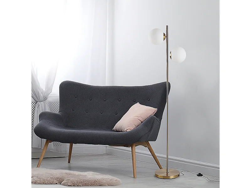 Lampadaire design néo-rétro 2 boules max. 40 W métal doré