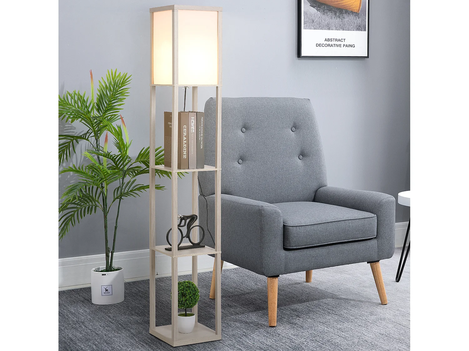Lampadaire étagère lampe étagère 26L x 26l x 160H cm 3 étagères 4 niveaux MDF gris clair