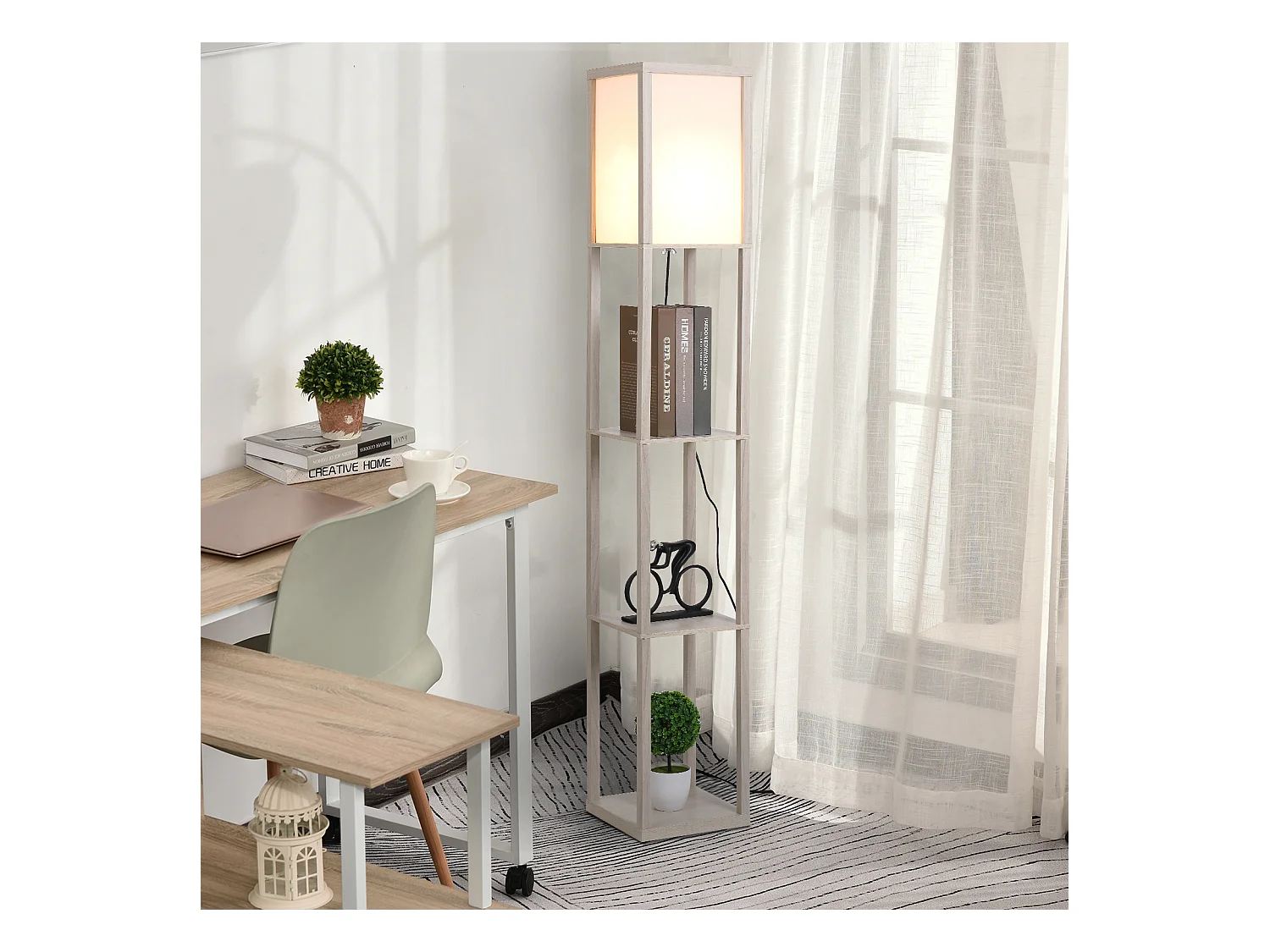 Lampadaire étagère lampe étagère 26L x 26l x 160H cm 3 étagères 4 niveaux MDF gris clair