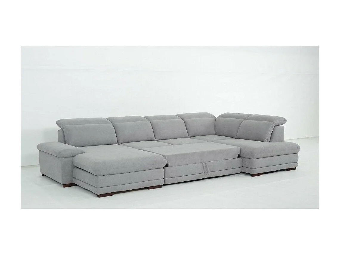 Canapé d'angle gauche convertible panoramique MARCUS tissu gris clair