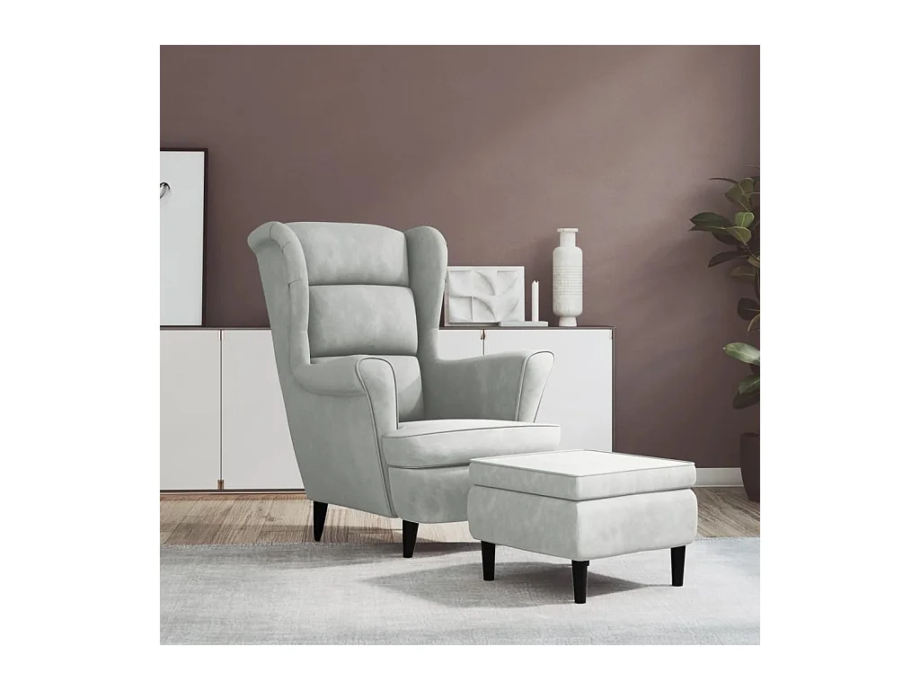 Fauteuil à oreilles avec tabouret gris clair velours REO49835