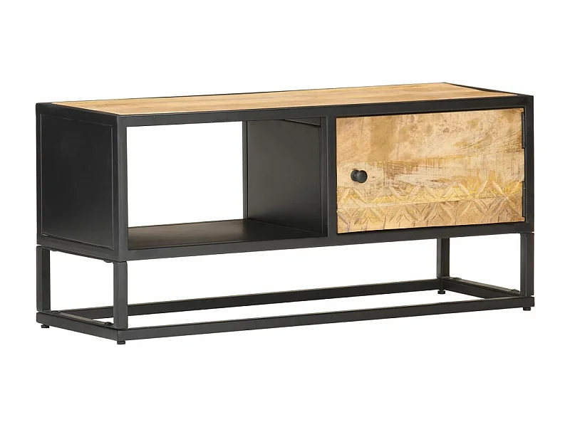 Meuble TV avec porte sculptée 90x30x40 cm Bois de manguier brut WET6856