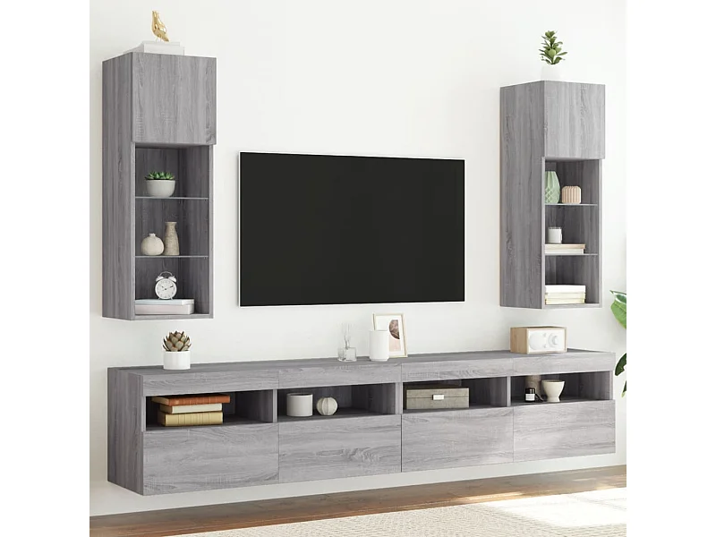 2 Stk.TV-Schränke,TV-Möbel mit LED-Leuchten Grau Sonoma 30,5x30x90 cm -gkd38980