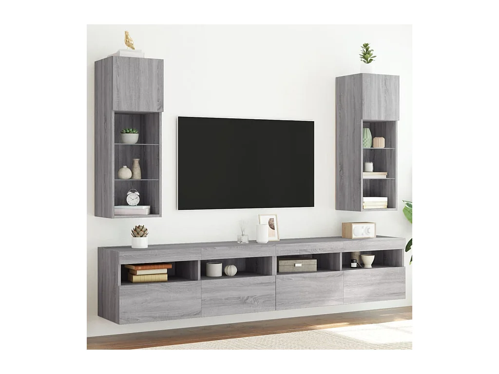2 Stk.TV-Schränke,TV-Möbel mit LED-Leuchten Grau Sonoma 30,5x30x90 cm -gkd38980