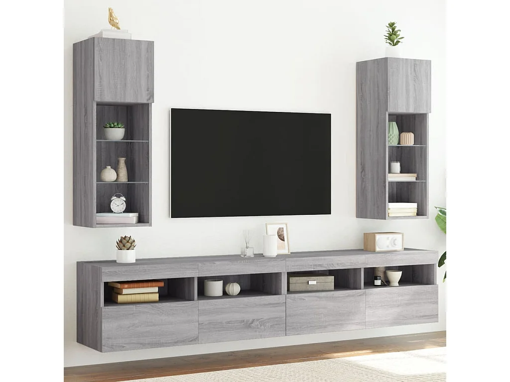 2 Stk.TV-Schränke,TV-Möbel mit LED-Leuchten Grau Sonoma 30,5x30x90 cm -gkd38980
