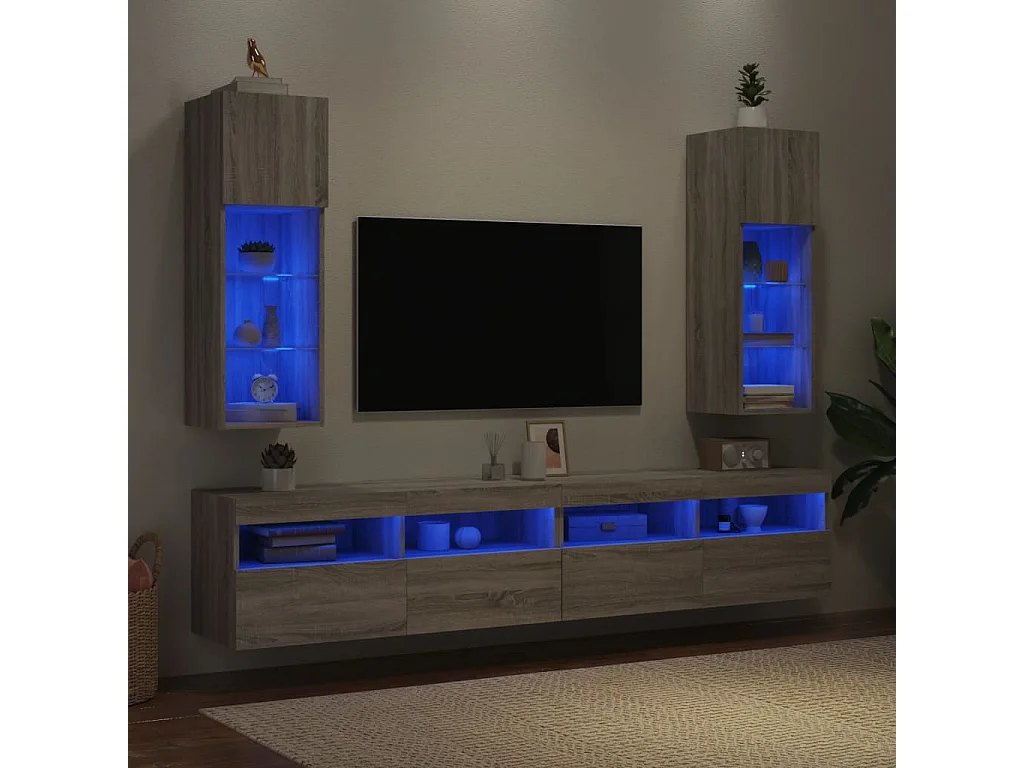 2 Stk.TV-Schränke,TV-Möbel mit LED-Leuchten Grau Sonoma 30,5x30x90 cm -gkd38980