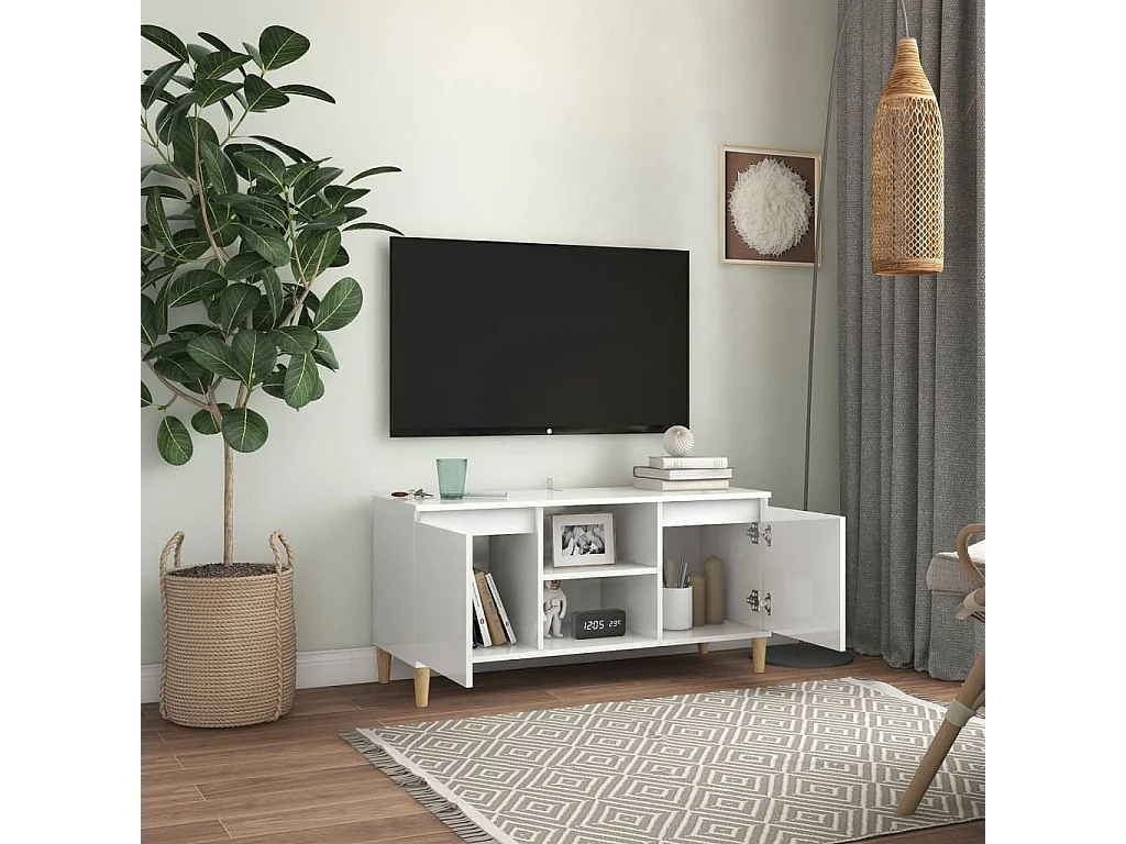 TV-Schrank,TV-Möbel mit Massivholz-Beinen Hochglanz-Weiß 103,5x35x50 cm -gkd626582
