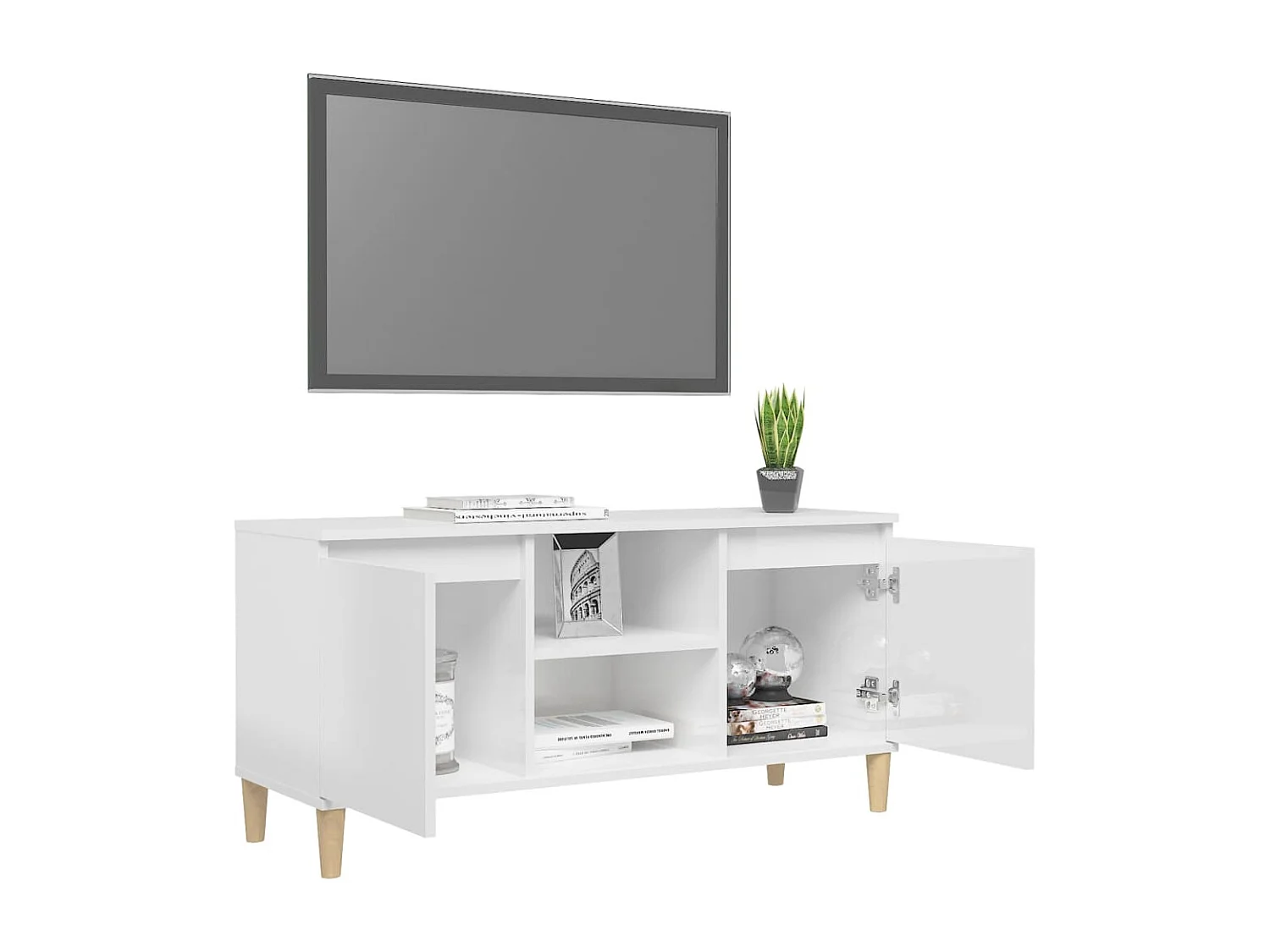 TV-Schrank,TV-Möbel mit Massivholz-Beinen Hochglanz-Weiß 103,5x35x50 cm -gkd626582