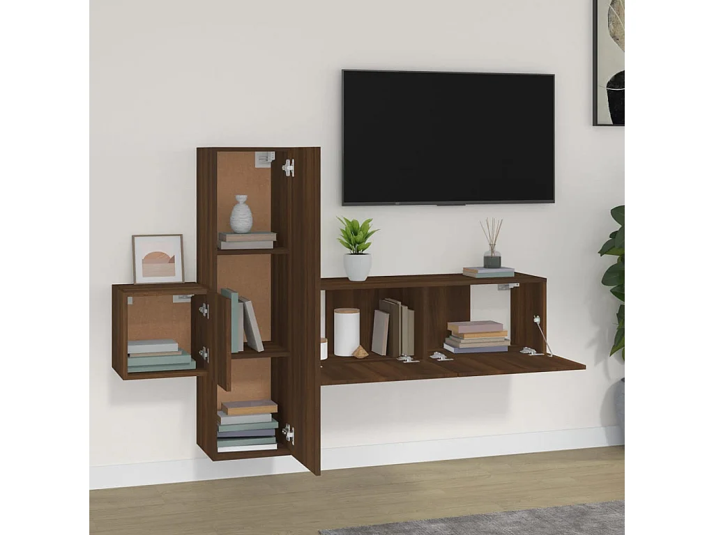 3-delige Tv-meubelset bewerkt hout bruin eikenkleur NL48887