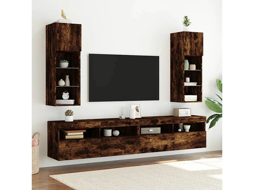 2 uds Muebles TV con luces LED roble ahumado 30,5x30x90 cm YOE92373