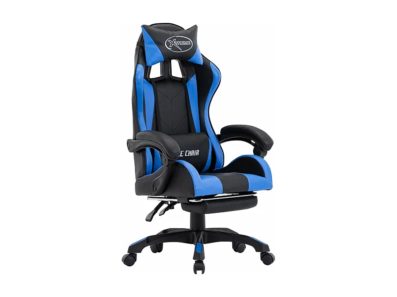 Silla gaming con reposapiés cuero sintético azul y negro ES171912