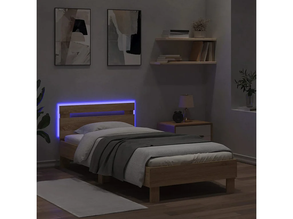 Lit-90x190 cm tête de lit et lumières LED chêne sonoma HOQW38128