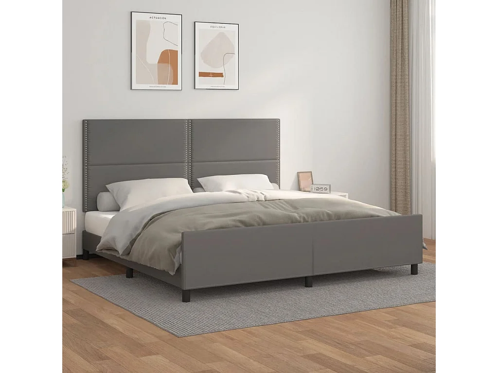 Cama c/ cabeceira 200x200cm couro artificial cinzento PT216731