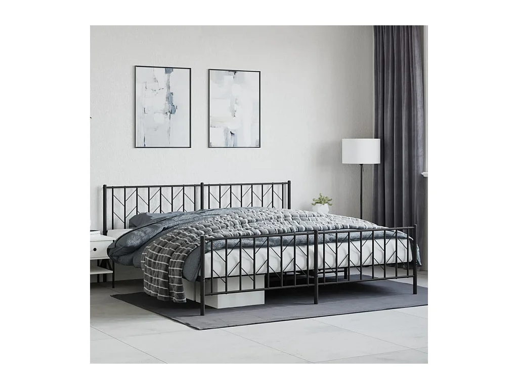 Lit-200x200 cm métal + tête de lit/pied de lit noir HOQW34757