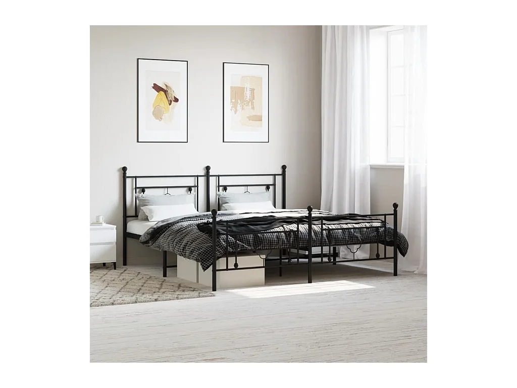 Lit-183x213 cm métal + tête de lit/pied de lit noir HOQW85550