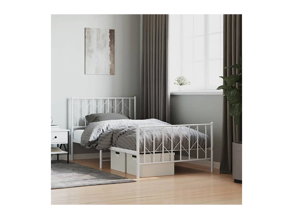 Lit-100x190 cm métal + tête de lit/pied de lit blanc HOQW80984