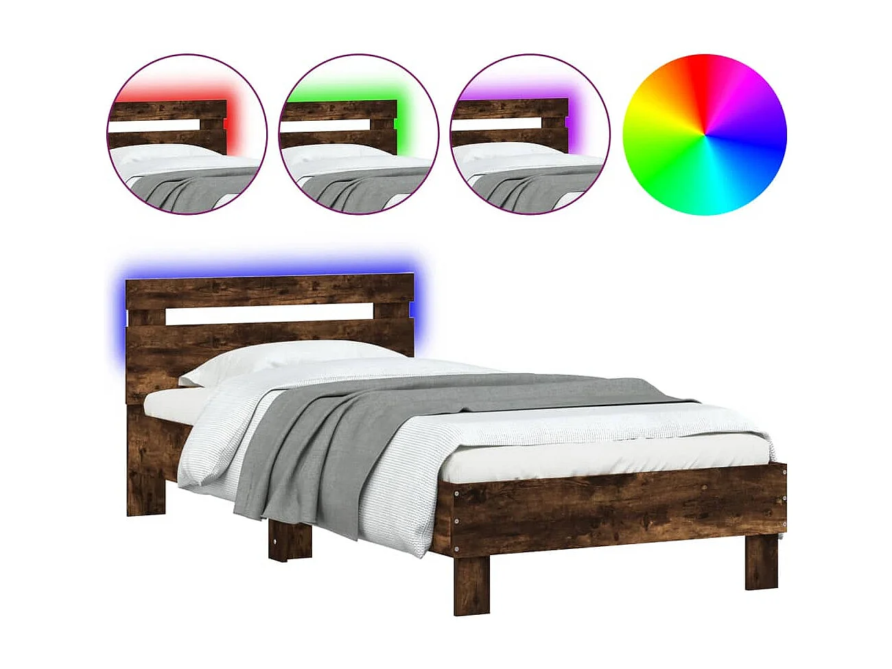 Cama c/ cabeceira/luzes LED 75x190 cm carvalho fumado PT298729